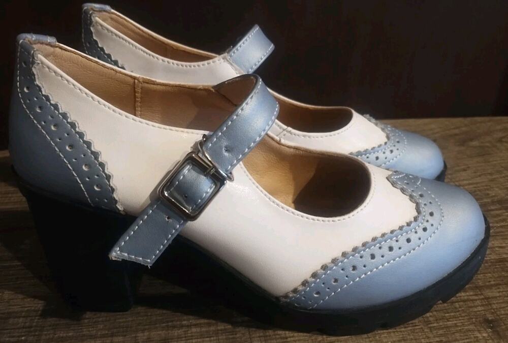 Womens 6.5 37 Blue  Platform Buckle Block Heel Mary Jane Oxfords Brogue Shoes